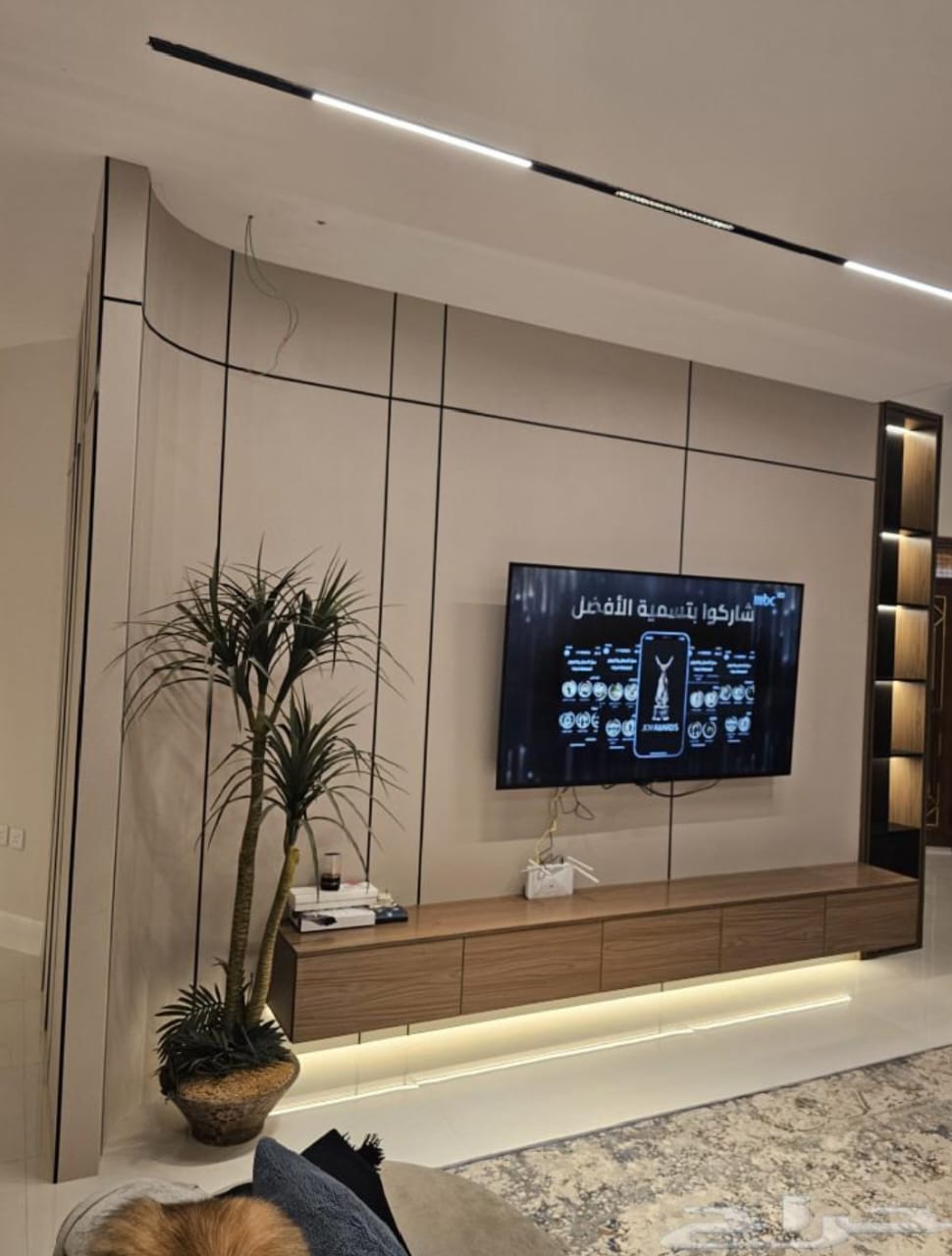 غرفة معيشة بجدار تلفزيون أبيض مع خطوط سوداء